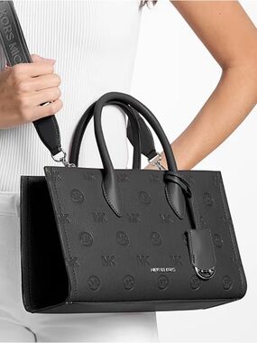 Michael Kors Mirella Medium Logo Debossed Satchel Crossbody Tote Black
